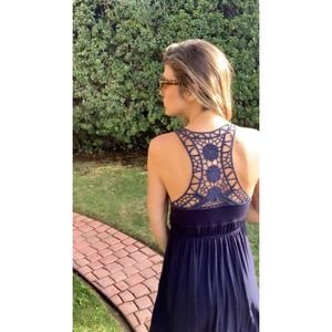 Navy Blue embroidered halter lace back dress